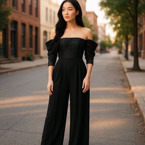 Flor Et Al Jumpsuit Off Shoulder Taffeta Polyester Formal Black Tie 4 NWT $695
